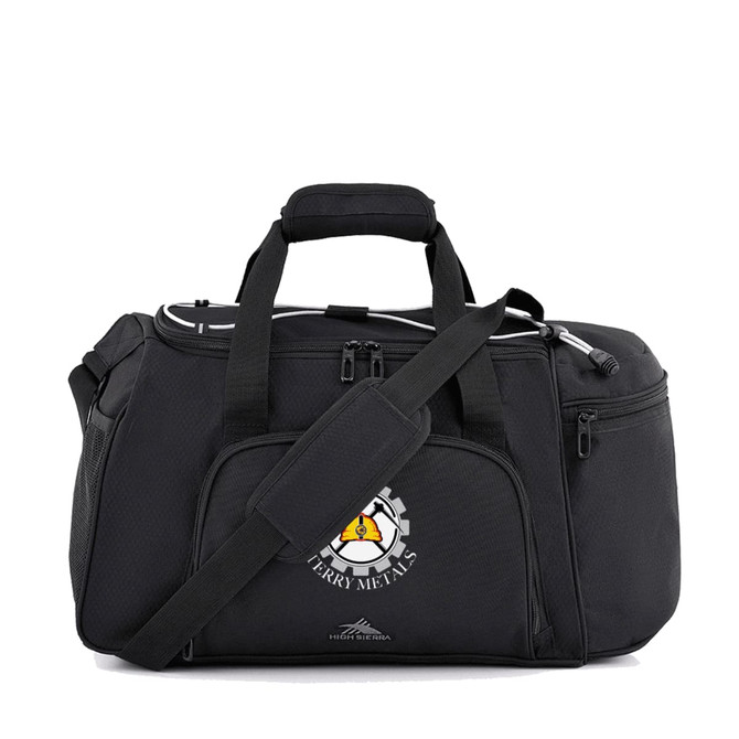 A black duffel bag with multiple zippered compartments and a removable shoulder strap. It features a logo on the front.
