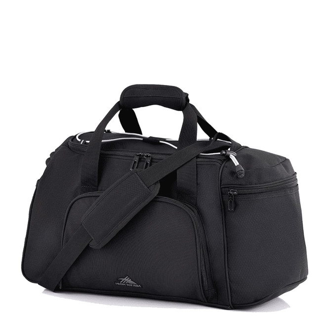 A black travel duffel bag with multiple compartments, handles, and an adjustable shoulder strap. It features a logo.