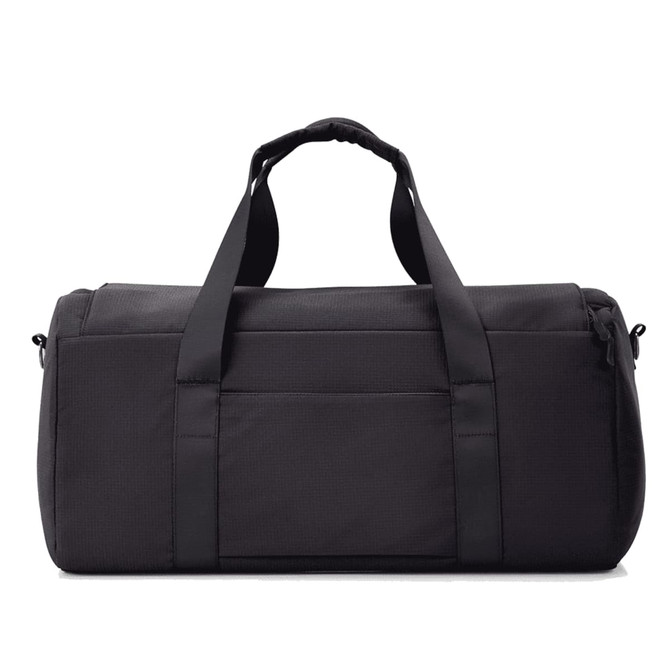 A black duffel bag with two handles and a front pocket, featuring a logo on the side.