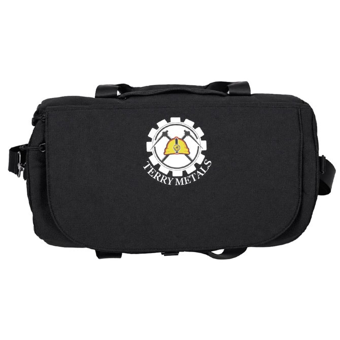 A black duffel bag with a logo featuring a gear and a character design.