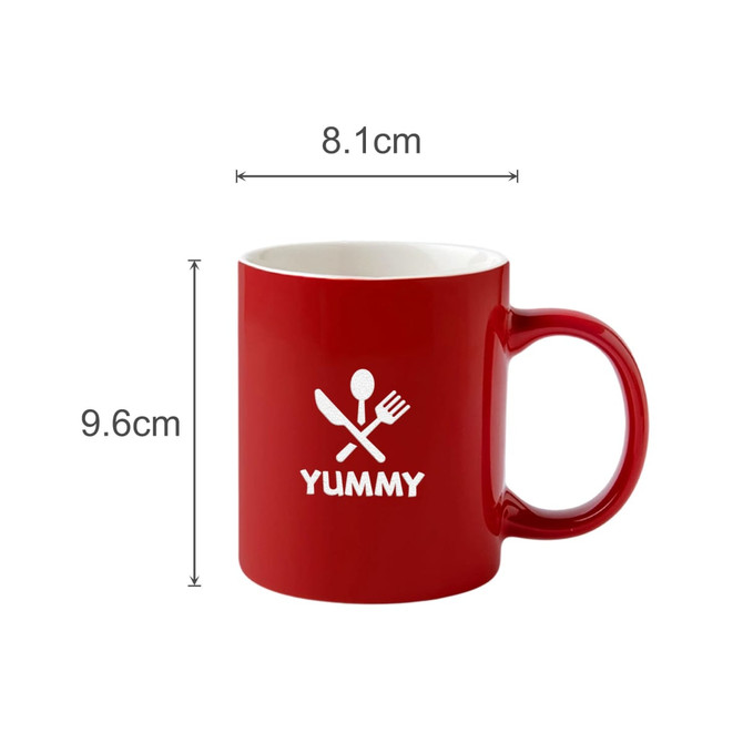 A red ceramic mug with a white logo featuring a fork and spoon, measuring 8.1cm in diameter and 9.6cm in height.