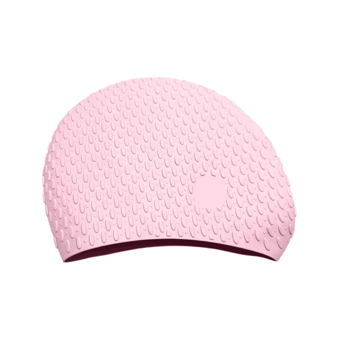 A pink silicone swimming cap featuring a textured surface with water droplets and a logo.