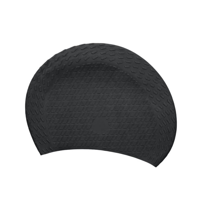 A black silicone swimming cap with a textured surface and a circular logo at the centre.