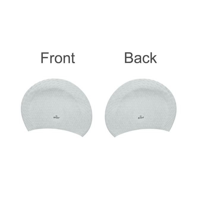 A silicone swimming cap in a light grey hue, featuring a textured design, with front and back views displayed.