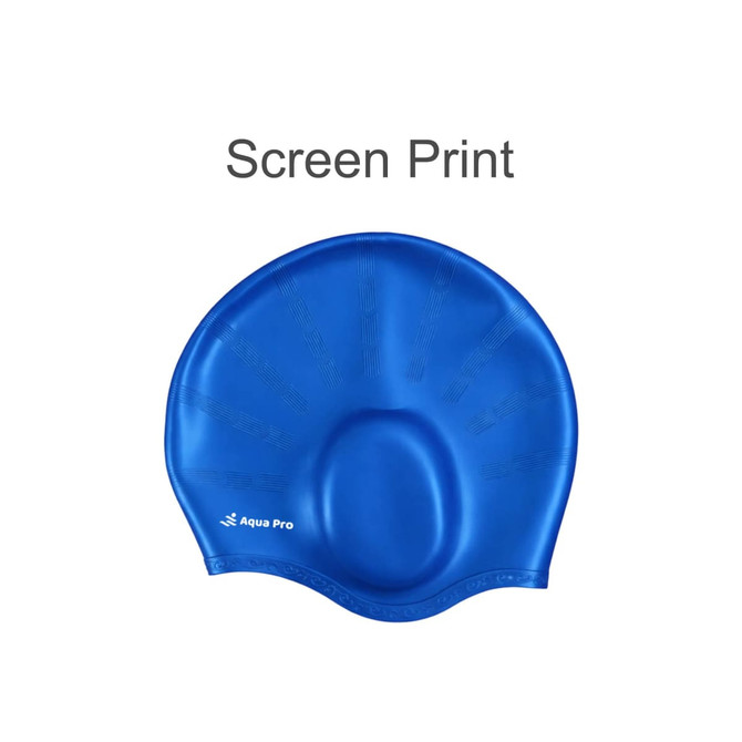 A blue swimming cap featuring built-in earmuffs and a logo. The cap has a streamlined shape for comfort.