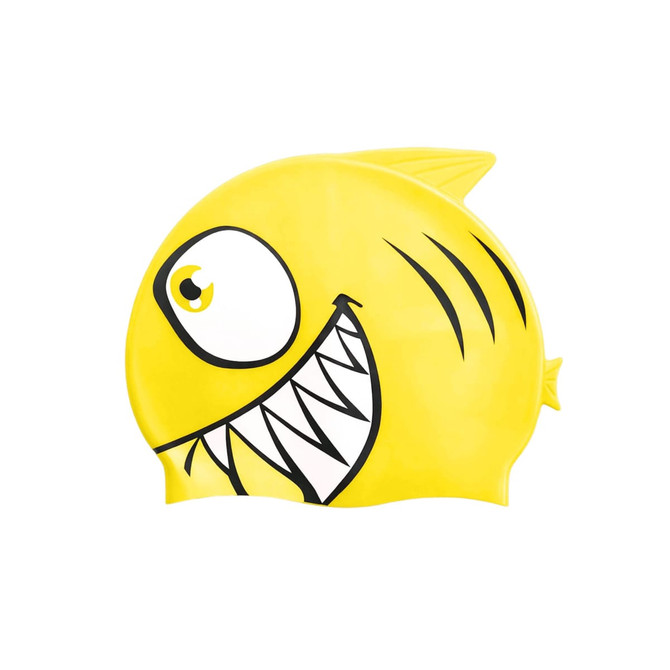 A silicone swim cap in bright yellow with a playful fish design featuring bold black accents.