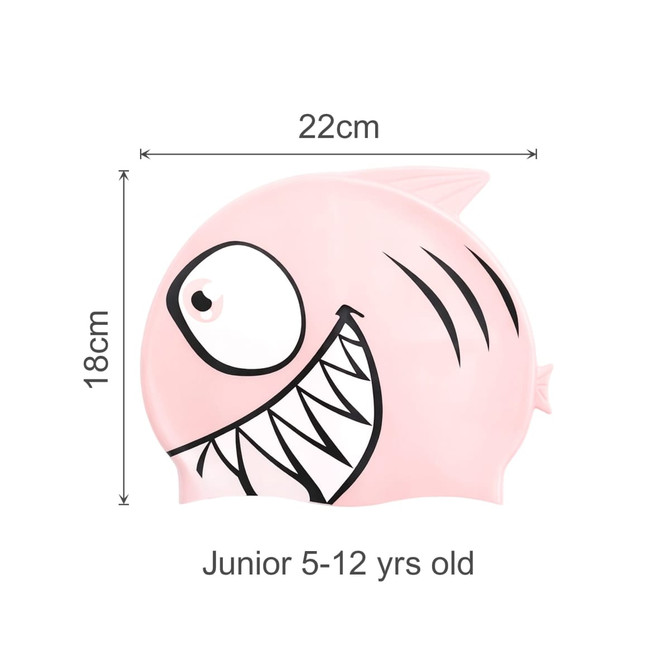 A pink silicone swim cap featuring a fish design with a smiling face and sharp teeth. Measures 22cm by 18cm.