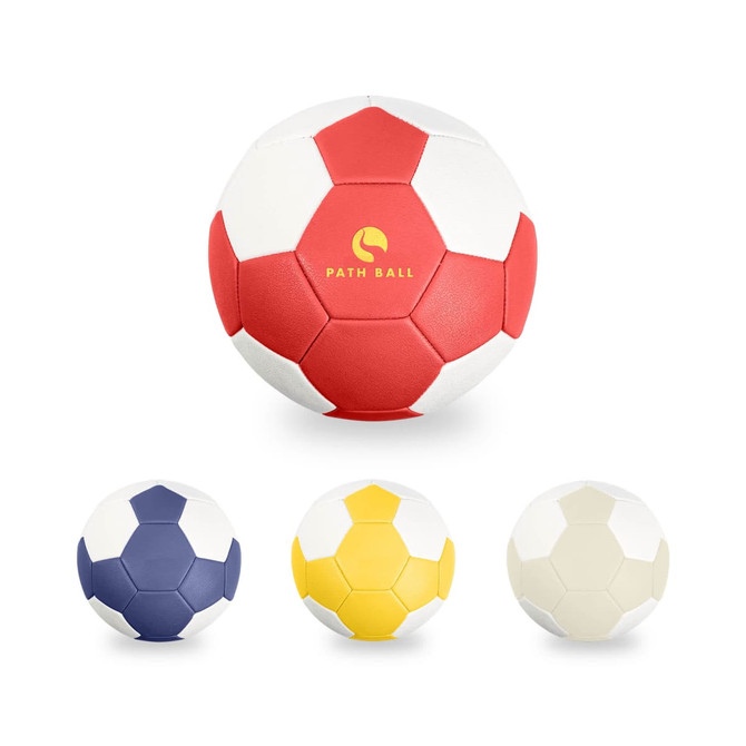 A red and white handball with a logo, surrounded by a yellow, navy, and white handball.
