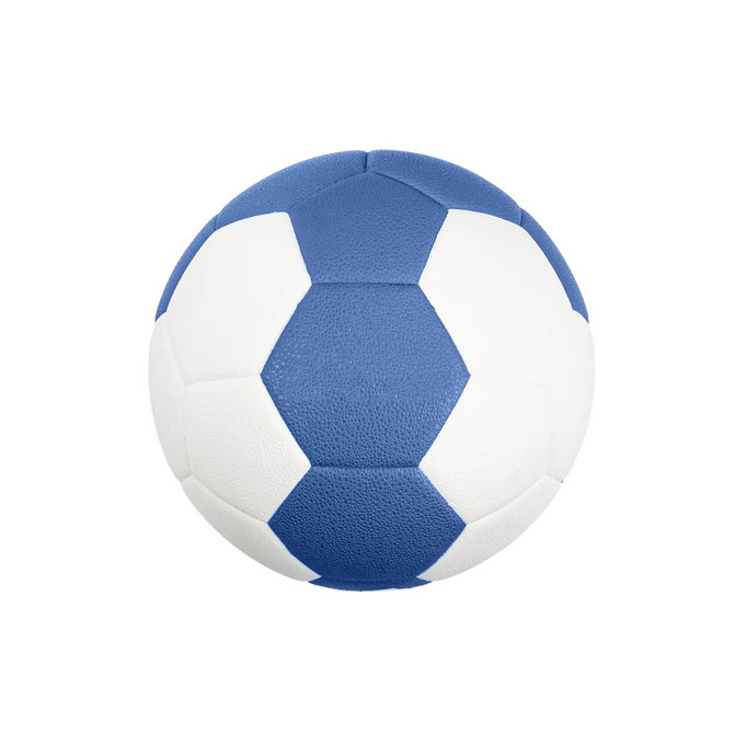 A blue and white thermal bonded handball featuring a hexagonal design and a textured surface.