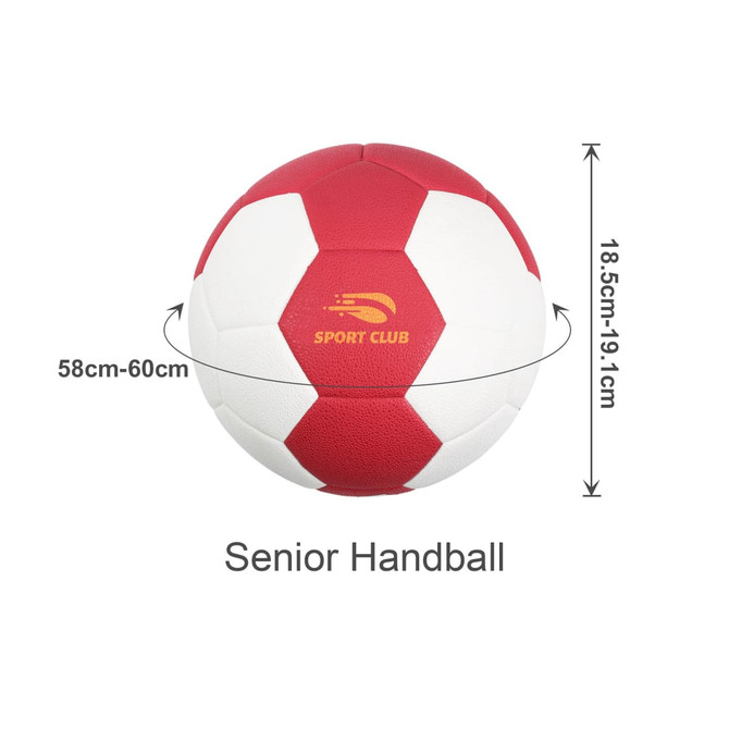 A red and white thermal bonded handball with a textured surface and a logo, measuring 58-60 cm in circumference.