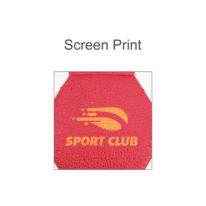 A red thermal bonded handball featuring a textured surface and a logo design in yellow.