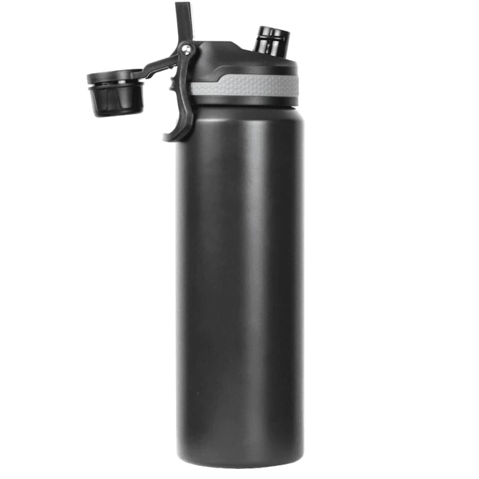 A drink bottle in matte black, featuring a double wall design and a lid with a drinking spout. Includes a logo.