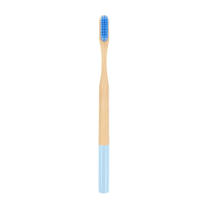 A large round handle toothbrush featuring a bamboo body and blue bristles with a blue bottom section.