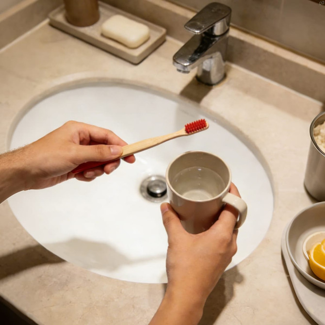 A bamboo toothbrush with a large round handle and red bristles being held over a mug beside a sink.
