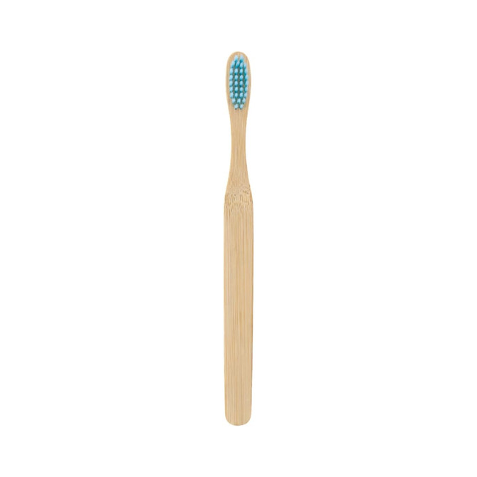 A large flat handle toothbrush with a bamboo body and blue bristles, featuring a simple design.