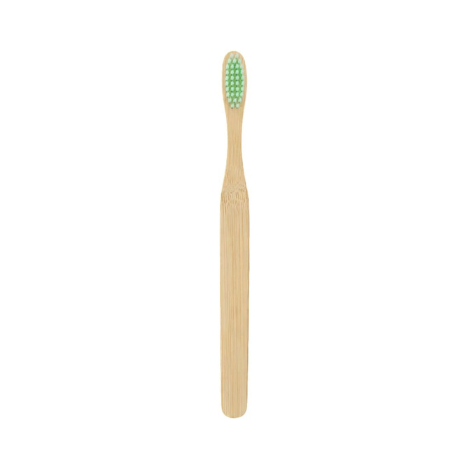 A large flat handle toothbrush with a bamboo body and green bristles. It features a simple design and a logo.