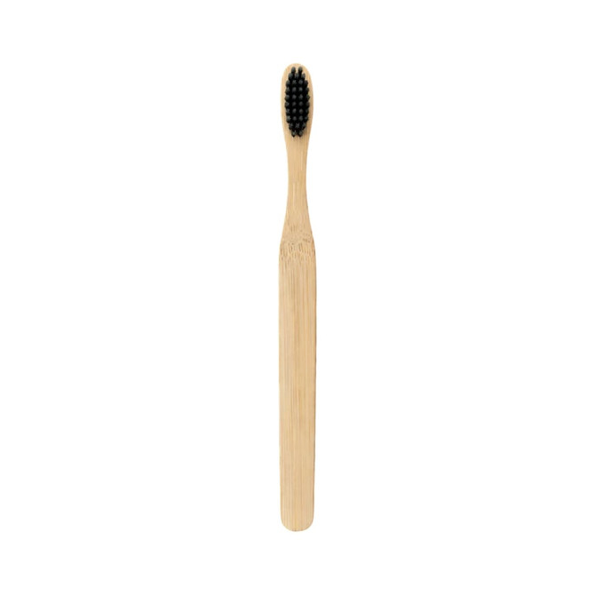 A large flat handle toothbrush with a natural bamboo handle and black bristles. Features a simplistic design.