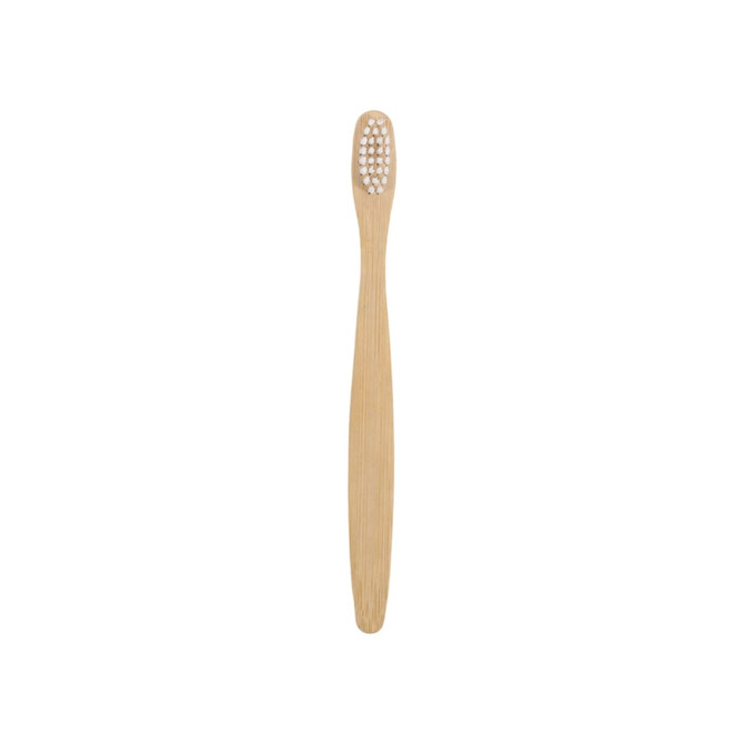 A small bamboo toothbrush with a light bamboo handle and white bristles, featuring a plain design.