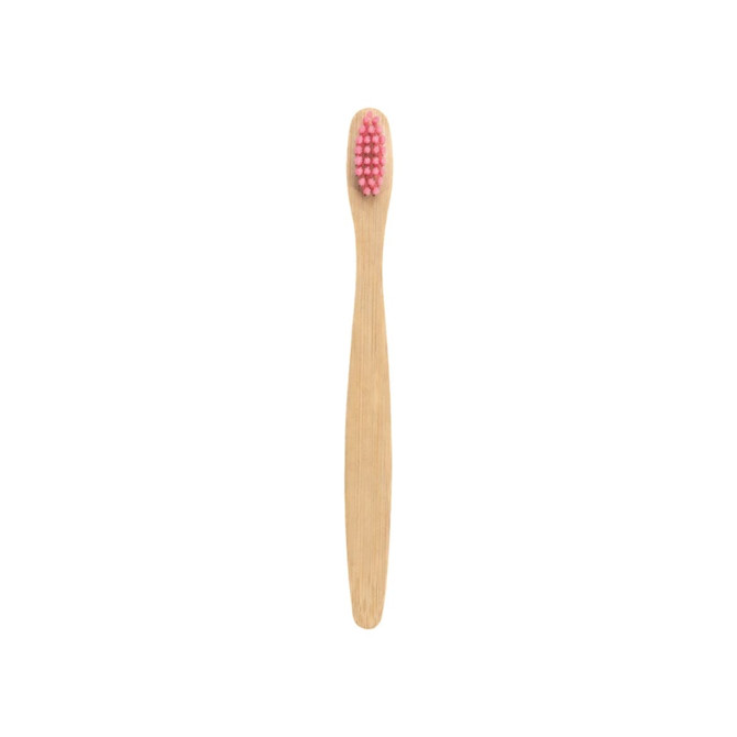 A small bamboo toothbrush with a pink bristle head and a smooth bamboo handle. It has a simple logo on the base.