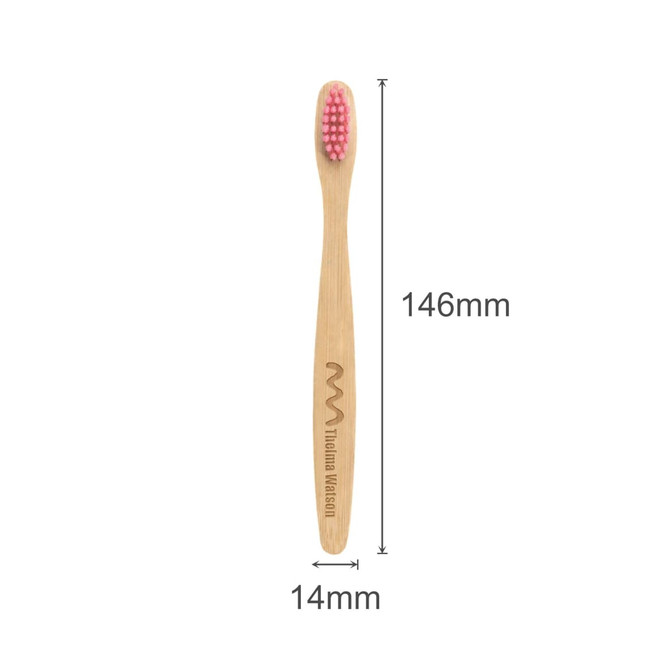 A small bamboo toothbrush with a pink bristle head and a wooden handle, featuring a logo.