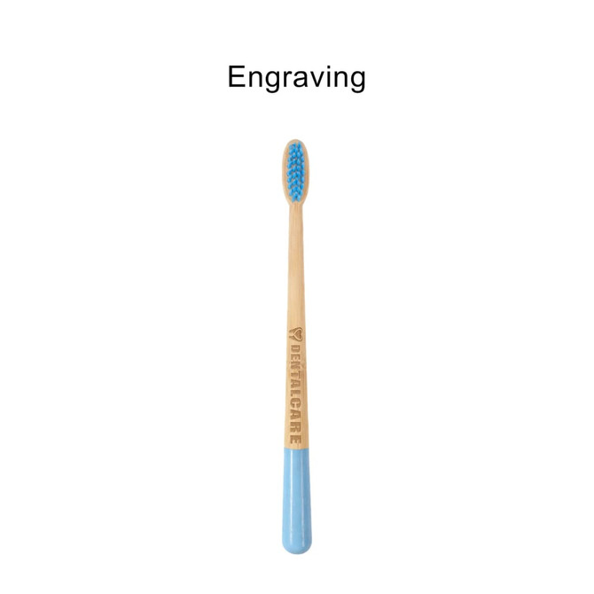A wooden toothbrush with a large conical handle, featuring a blue end and a textured bristle head. It has a logo.