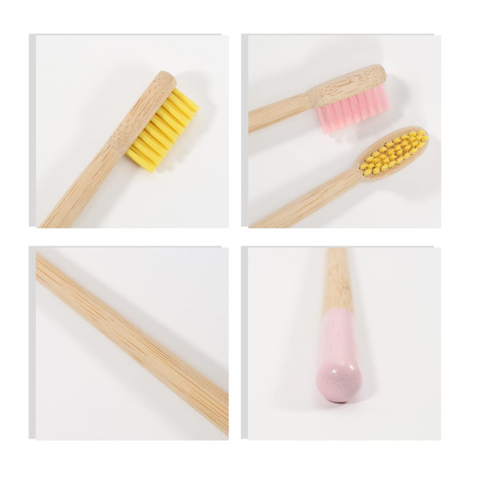 Four colourful toothbrushes with large conical handles. Yellow, pink, and a light pink brush head, featuring wooden handles.