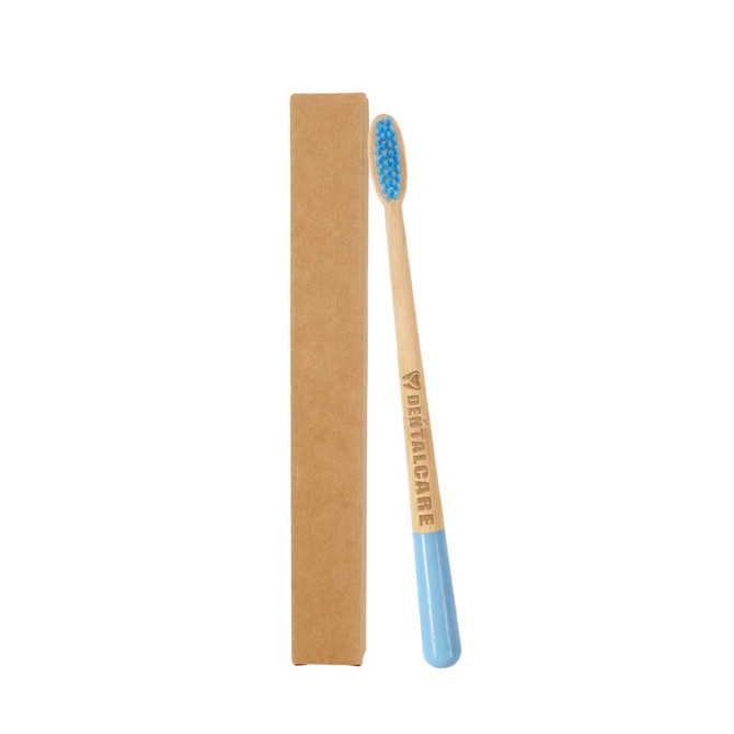 A large conical handle toothbrush with a blue handle and a wooden body, beside a simple brown packaging box.