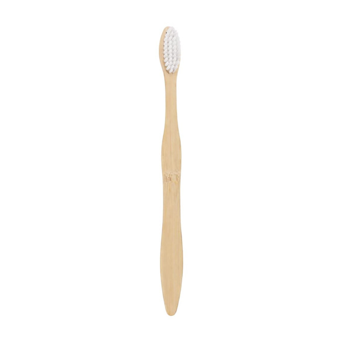 A large wavy handle toothbrush in a natural wood tone with white bristles and a simple design.