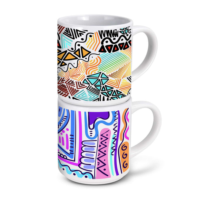 A stackable coffee mug set featuring vibrant, abstract patterns in multiple colours with a logo on the side.
