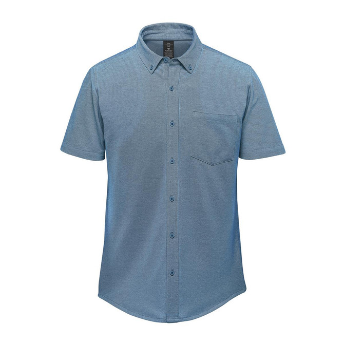 A short-sleeve knit shirt in shades of blue, featuring a button-up front and a chest pocket. It has a logo.