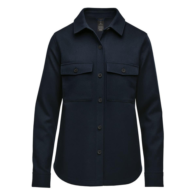 A navy blue women's shacket with a button-up front and two chest pockets. It features long sleeves and a classic collar.