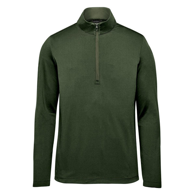 A green men's 1/4 zip pullover with long sleeves and a high collar. It features a small logo on the chest.