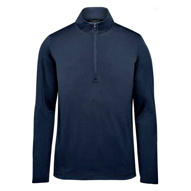 A navy 1/4 zip pullover with long sleeves and a stand-up collar, featuring a logo.