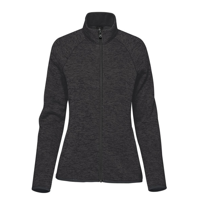 A women's full zip fleece jacket in a dark grey heather shade, featuring a high collar and long sleeves.