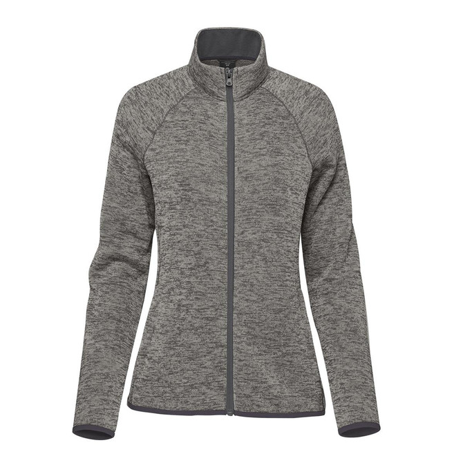A women's full zip fleece jacket in grey with a fitted design and stand-up collar. It features a logo.