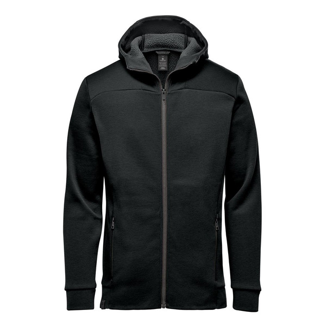 A black hoody featuring a zip front, a hood, and a soft inner lining, with side pockets and a logo.