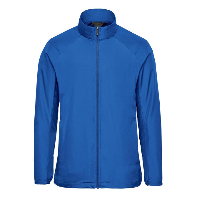 A blue full zip jacket with a stand-up collar and raglan sleeves. Features a logo on the chest.