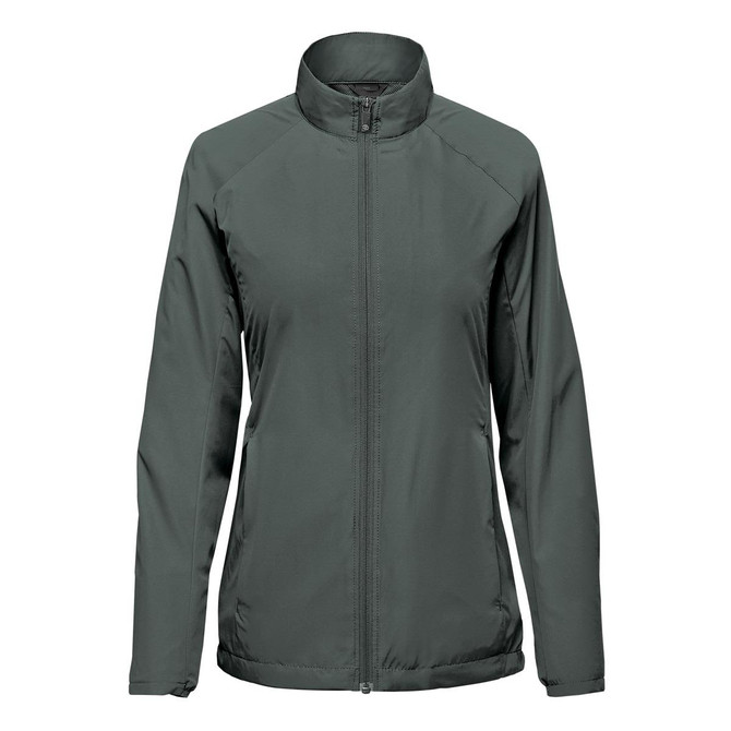 A women's full zip jacket in dark grey with a collar and long sleeves, featuring a logo on the front.