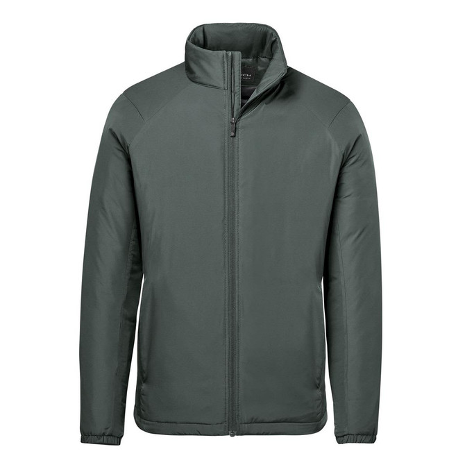 A men's thermal jacket in dark green with a zipped front and high collar, featuring a subtle logo.