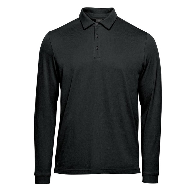 A long-sleeved, black polo shirt with a collar and buttoned placket, featuring a logo.