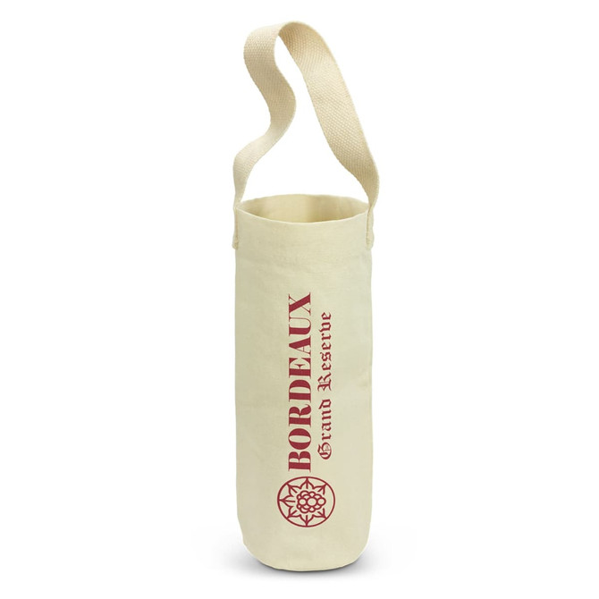 A cotton wine tote bag in cream with a single shoulder strap and a logo.