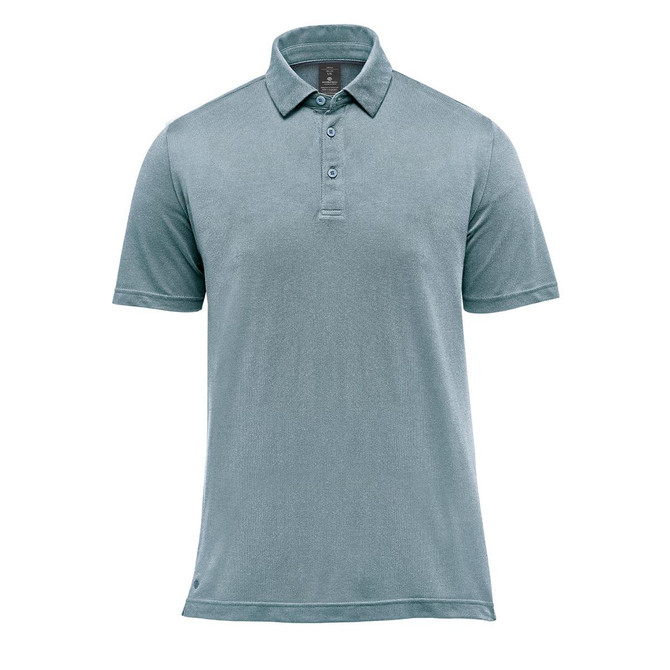 A light blue short-sleeve polo shirt with a collar and a logo. The fabric has a subtle texture.