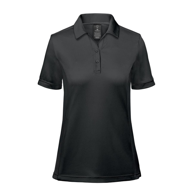 A black women's polo shirt with a classic collar and short sleeves, featuring a logo on the chest.