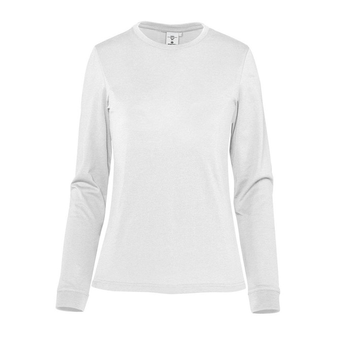 A long-sleeve white women's tee featuring a round neck and fitted sleeves. The shirt includes a brand logo.