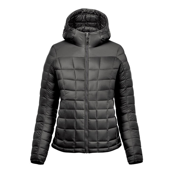 A women's puffer jacket in black, featuring a hood and a quilted pattern. It has a front zip and a logo on the side.