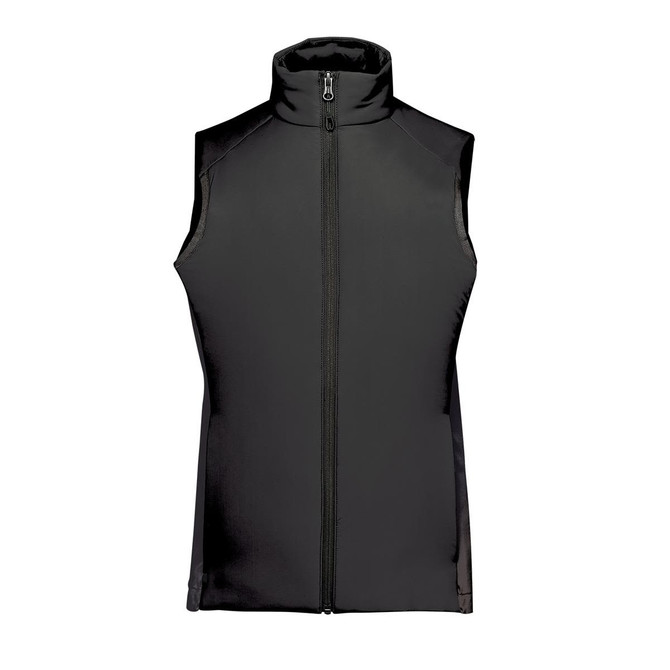 A black women's thermal vest featuring a high collar and a front zipper, with subtle branding.
