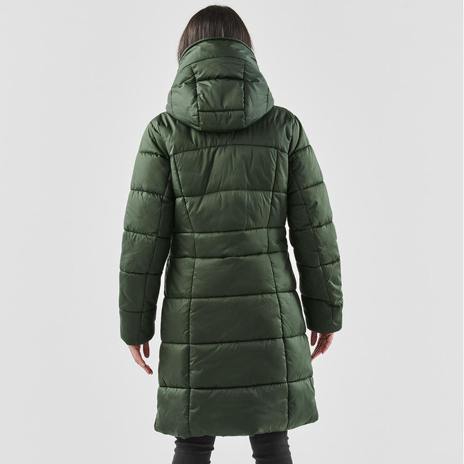 A green puffer jacket with a hood, featuring a quilted design and a mid-length cut, displayed from the back.