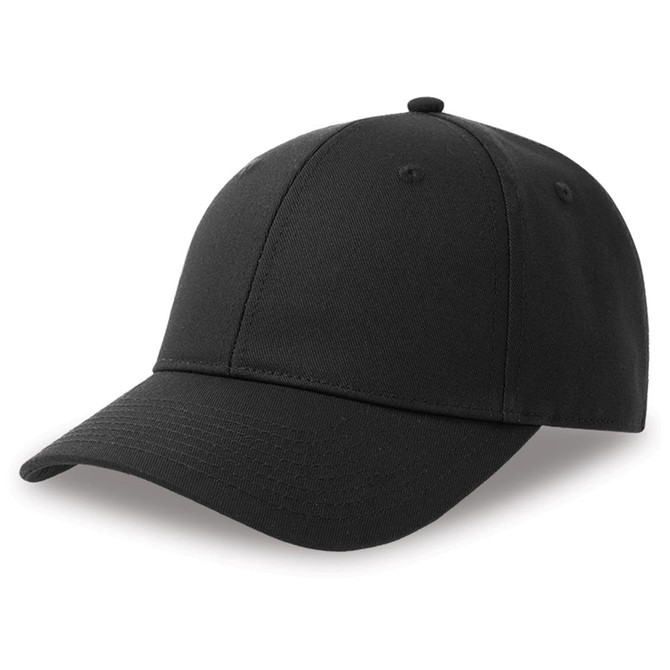 A black cap made from recycled and organic cotton, featuring a vented top and a curved brim.