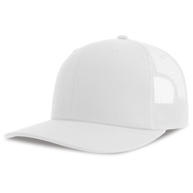 A white trucker cap featuring a solid front and mesh back, with a logo on the front.