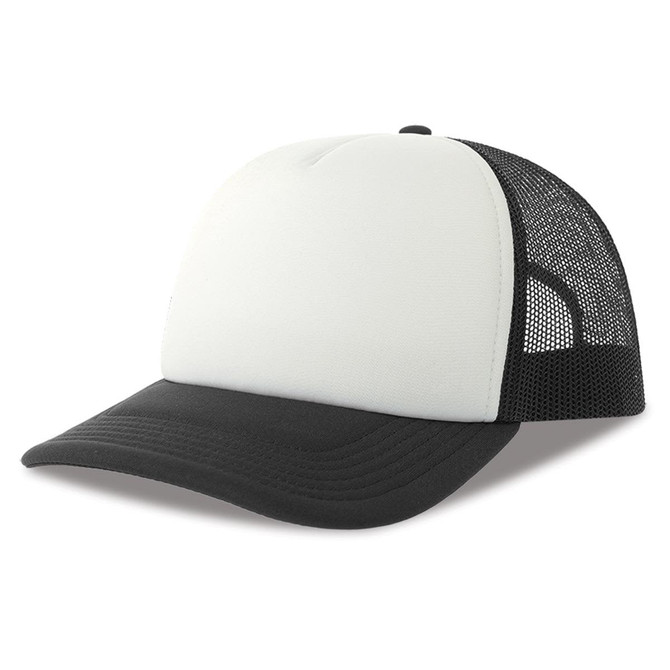 A trucker cap featuring a white front panel and a black brim with a mesh back. The cap includes a logo.